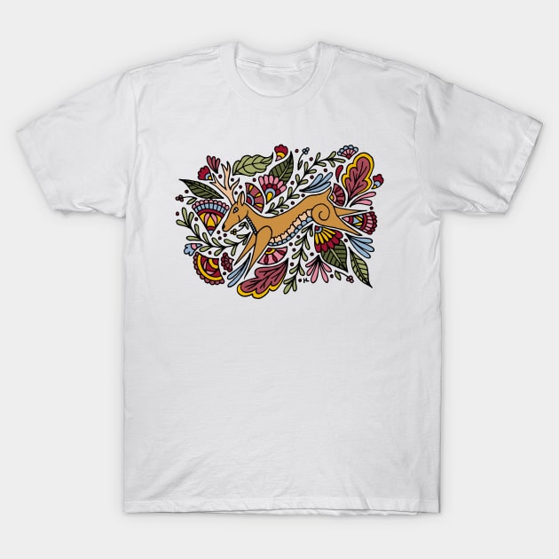 Folk Art Deer Warm Palette T-Shirt by HLeslie Design